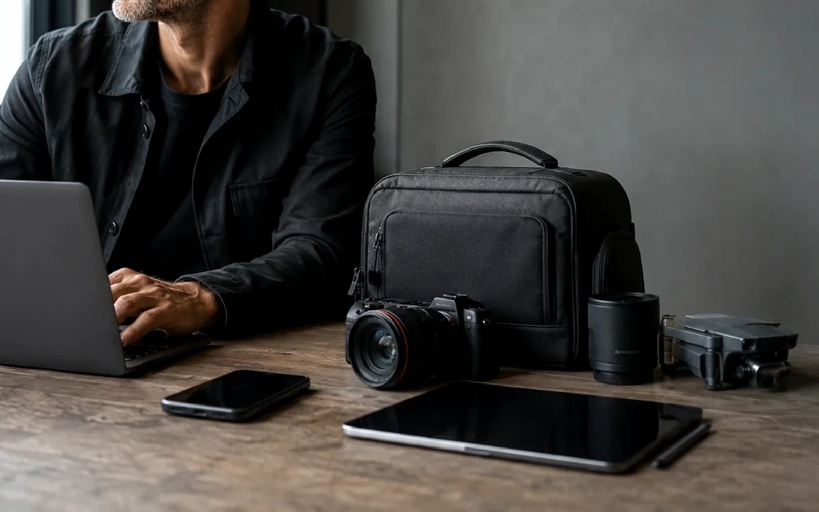 Celular e equipamentos pessoais sobre uma mesa