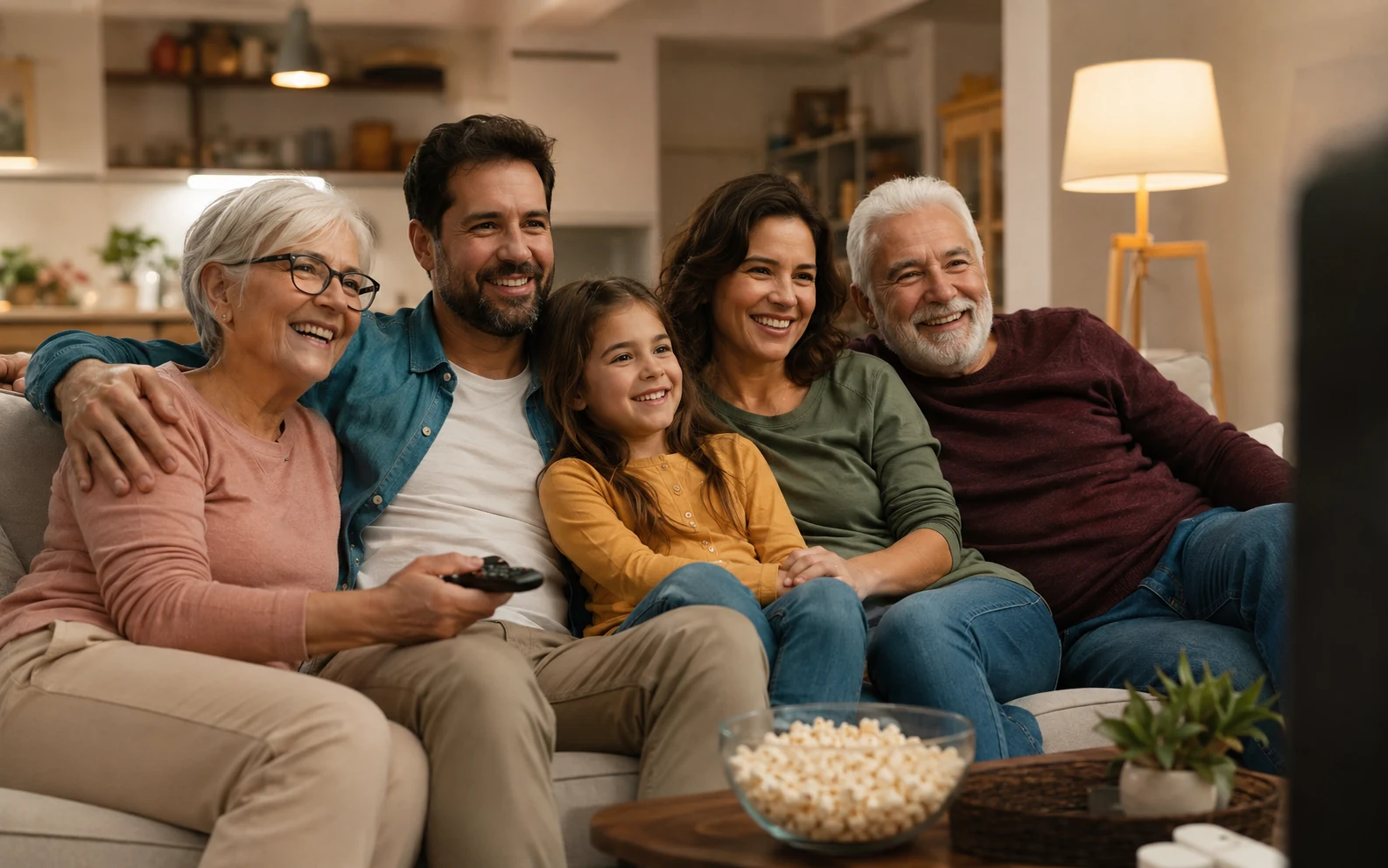 Família com pessoas de diferentes idades reunida em casa